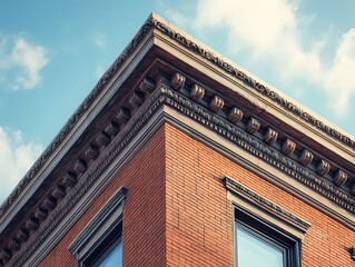  Corner view of historic brick building with classical cornice and detailed molding, displaying timeless architectural elegance against blue sky.
