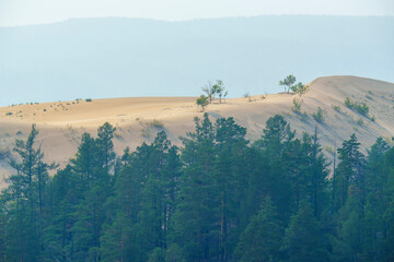 View of a sandy plateau surrounded by forest and mountains