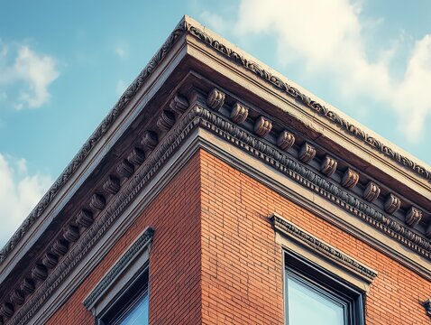  Corner view of historic brick building with classical cornice and detailed molding, displaying timeless architectural elegance against blue sky.