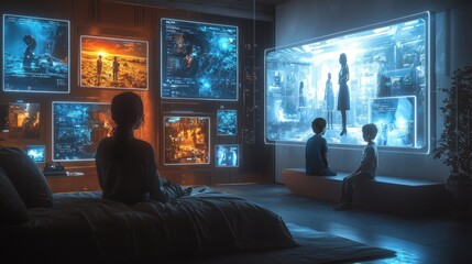 A futuristic home interior with holographic picture frames on the walls, displaying moving family portraits. The images shift and change, creating a dynamic digital gallery within the home 