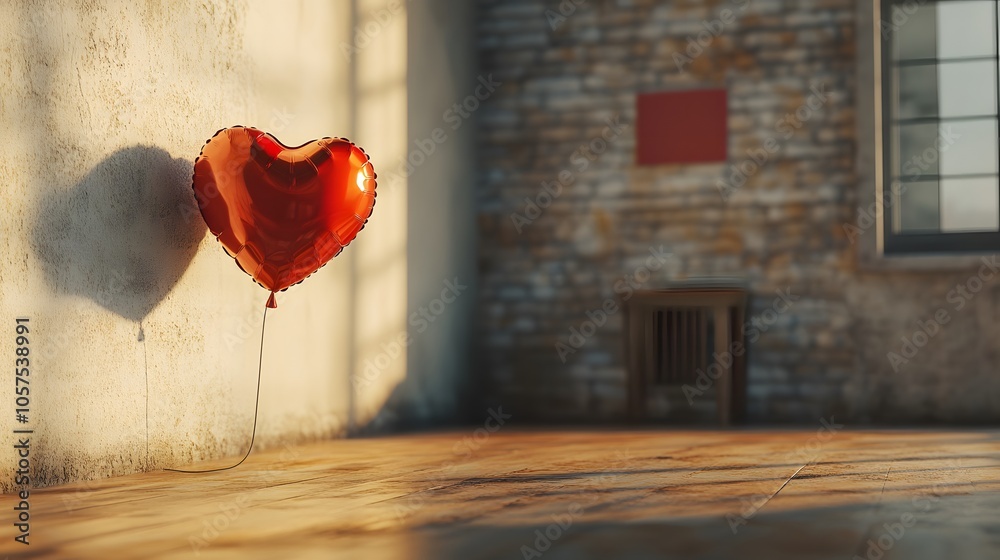 Aufkleber side-angle view of a single red heart balloon floating in a room decorated for valentine s, 4k resol