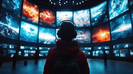 A futuristic theater with holographic displays previewing upcoming shows, creating an immersive entrance experience. The digital posters move and animate, building excitement for viewers 