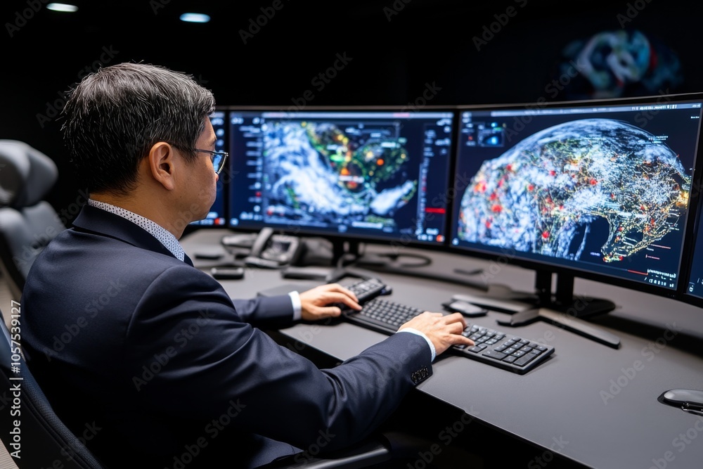 Poster suspect in a futuristic, high-tech interrogation room with holographic screens displaying case detai