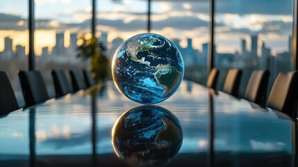 A high-tech conference room with a holographic Earth in the center of the table, used for discussions on climate change. The globe spins slowly, displaying real-time environmental data 