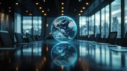 A high-tech conference room with a holographic Earth in the center of the table, used for discussions on climate change. The globe spins slowly, displaying real-time environmental data 