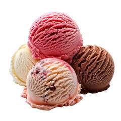 Fototapeta premium Ice cream scoop with chocolate, vanilla, and strawberry flavors, isolated on transparent background