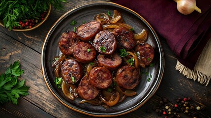 Sliced Kaszanka Fried Blood Sausage with Onion Garnish (Polish Cuisine)