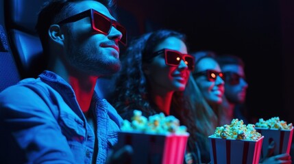Cinema background. Young men and women sitting in movie theater with funny oversized 3D glasses and holding bucket of popcorn and watching a movie in 3D. Friends in cinema