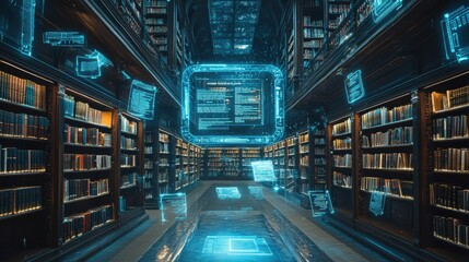 A modern library space where holographic reading lists and top picks float above shelves, guiding visitors through popular literature. The digital prompts enhance the browsing experience 