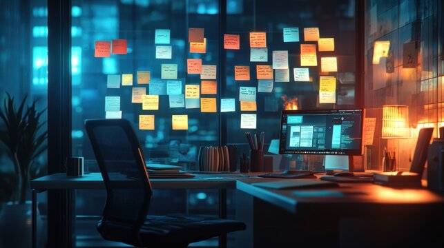 A modern study with holographic post-it notes floating around the desk, each displaying reminders and calendar events. The interactive notes allow for a seamless digital organization system 