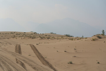 Golden desert dunes illuminated by sunbeams under a dramatic sky