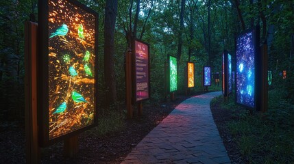 A nature trail lined with holographic bird species guides, each glowing panel explaining the local wildlife. The informative displays blend seamlessly with the natural environment 