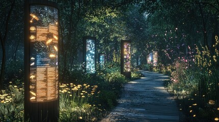 A nature trail lined with holographic bird species guides, each glowing panel explaining the local wildlife. The informative displays blend seamlessly with the natural environment 