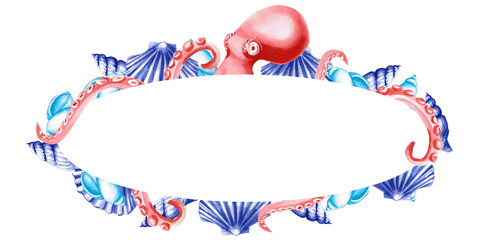 Obraz premium Oval frame with octopuses and shells. Isolated illustration on the theme of the underwater world for textile design, tableware, holidays with a marine theme, printing, restaurants