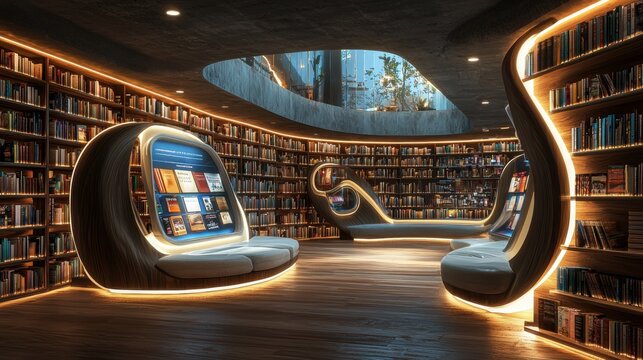 A quiet library corner with holographic shelves displaying digital book covers, allowing readers to browse titles interactively. The digital shelves add a high-tech layer to the traditional 