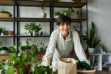 A dedicated gardener tends to her plants in a cozy studio space.