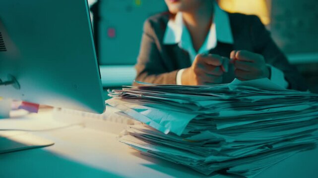 Accountant feeling overwhelmed and stressed while tackling a mountain of paperwork at a desk in the office late at night. Pressure from deadlines creates anxiety and exhaustion