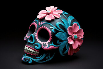 Fototapeta premium Colorful sugar skull with pink and blue floral designs, showcasing intricate details and vibrant colors, perfect for festive celebrations