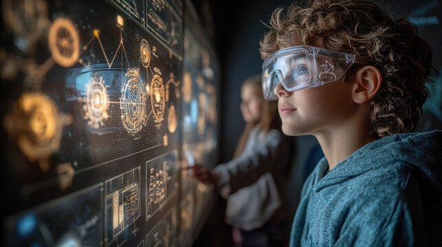 A tech-forward science fair with holographic displays of historical discoveries, allowing students to interact with rotating 3D models of iconic scientific inventions. The digital visuals enhance 