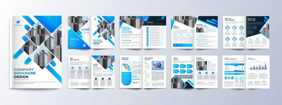 Multipage company profile business brochure design layout, Corporate brochure editable template with cover page, minimalist A4 16 pages brochure design with modern concept
