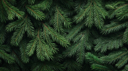 Close-up of lush green fir tree branches with intricate needle patterns and dense foliage, creating a natural, textured background.