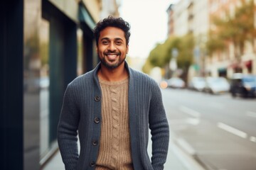 Fototapeta premium Portrait of a joyful indian man in his 30s wearing a chic cardigan isolated in light wood minimalistic setup