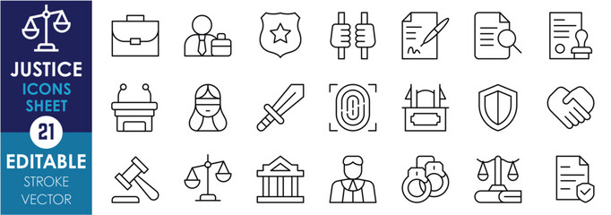 A set of line icons related to Justice. Briefcase, sword, scale, law, book, prison, contract, lens, court, fingerprint, blindfold, courtroom, and so on. Vector editable stroke.