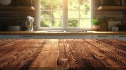 Wooden table in country kitchen with blurred background. Wood rustic counter for product display, showcasing bright and clean interior design, ideal for cooking and home lifestyle