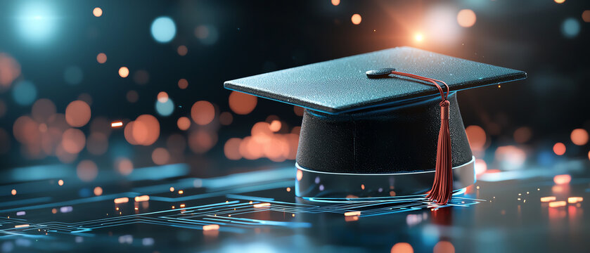 Innovative digital graduation cap with holographic animation celebrating academic achievements in a modern era