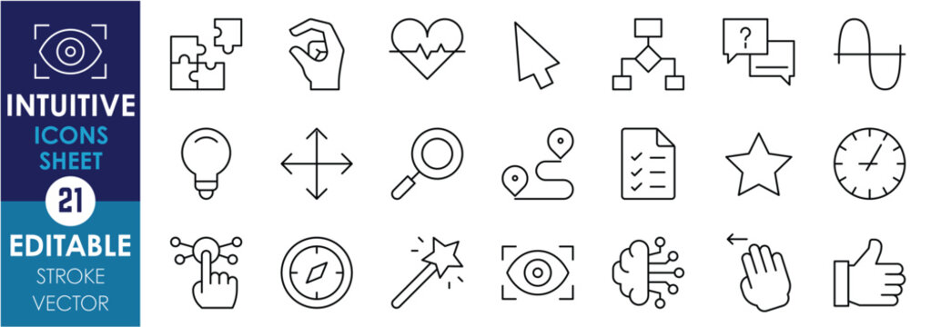 A set of line icons related to Intuitive. Puzzle, eyes, heart, star, arrow, bulb, flowchart, curve, time, gesture, and so on. Vector editable stroke.