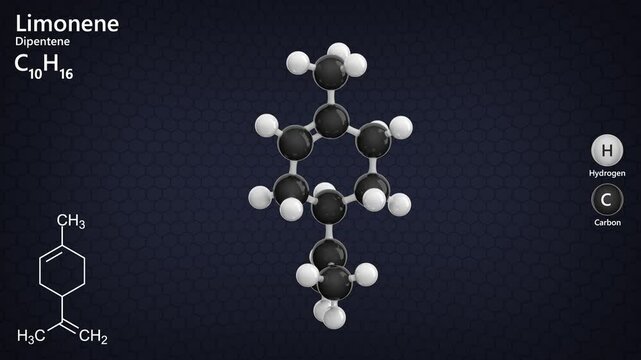 Limonene or Dipentene. Cycloalkene. Citrus aroma. Animated 3D model of a molecule. Molecular formula: C10H16. Chemical model: Ball and stick. Dark background. 3D rendering. Seamless loop.
