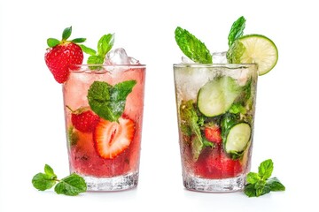 Cocktail collection  Strawberry and classic mojito isolated on white background  mojito  mojito