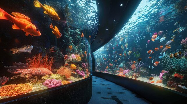 An interactive holographic aquarium wall where guests can tap on virtual fish to learn about each species. The vibrant colors and realistic movement of the fish make it feel like a living ecosystem 