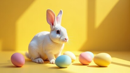 A cute white rabbit surrounded by colorful Easter eggs on a bright yellow background in a sunny setting