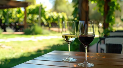  Two glasses of red and white wine on outdoor wooden table with lush vineyard in background, symbolizing relaxation and fine wine enjoyment.
