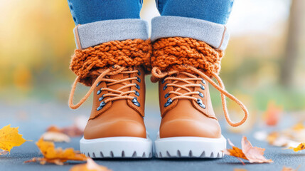 Cozy autumn boots with knitted cuffs, perfect for fall fashion. These stylish shoes are ideal for outdoor adventures and enjoying colorful foliage