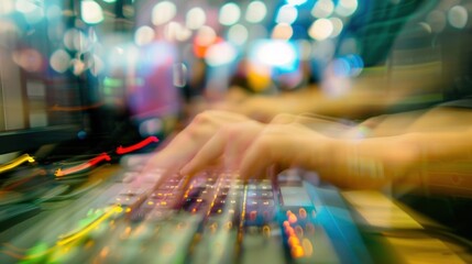A blur of hands typing feverishly on keyboards as attendees compete in a coding competition at a tech convention.