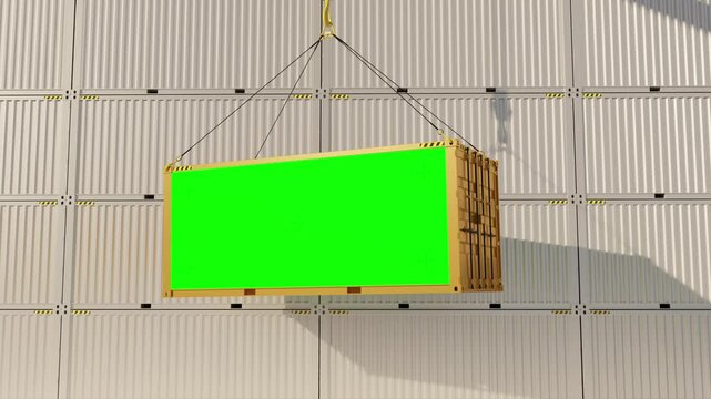 Yellow cargo container is being moved along the wall of white containers. Container with mock up green screen. Chroma key display with isolated placeholder. 3D render. Seamless loop