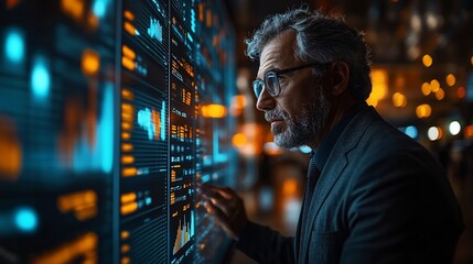 Fototapeta premium A businessman analyzes data displayed on a large screen in a brightly lit office.