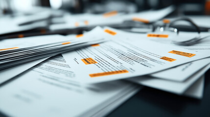 Close-up of a stack of documents with highlighted text and orange labels spread across a cluttered office desk.