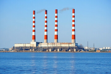 Obraz premium Power plant with four smokestacks beside a calm body of water during daytime