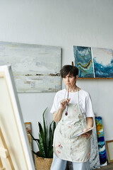 An artist reflects while holding a brush in her creative workspace.