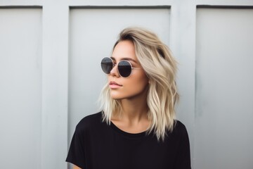 Naklejka premium Portrait of a glad woman in her 20s wearing a trendy sunglasses over light wood minimalistic setup