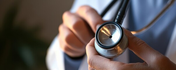 Close-up of doctor s hands holding stethoscope, patient-centered care concept