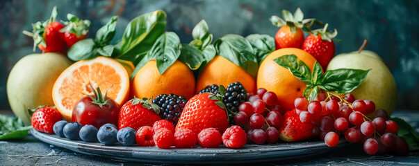 Fresh fruits and vegetables lying on the plate.