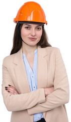 A girl architect in a suit and an orange construction helmet stands on a white background.