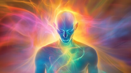 Man with a blue face is surrounded by colorful swirls