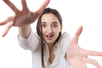 Portrait of attractive young woman wants to hug you, isolated on grey background.