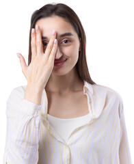 Portrait of a serious young woman showing stop gesture with her palm over white background