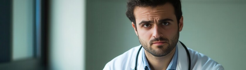 Doctor in white coat with stethoscope, thoughtful look, healthcare professional